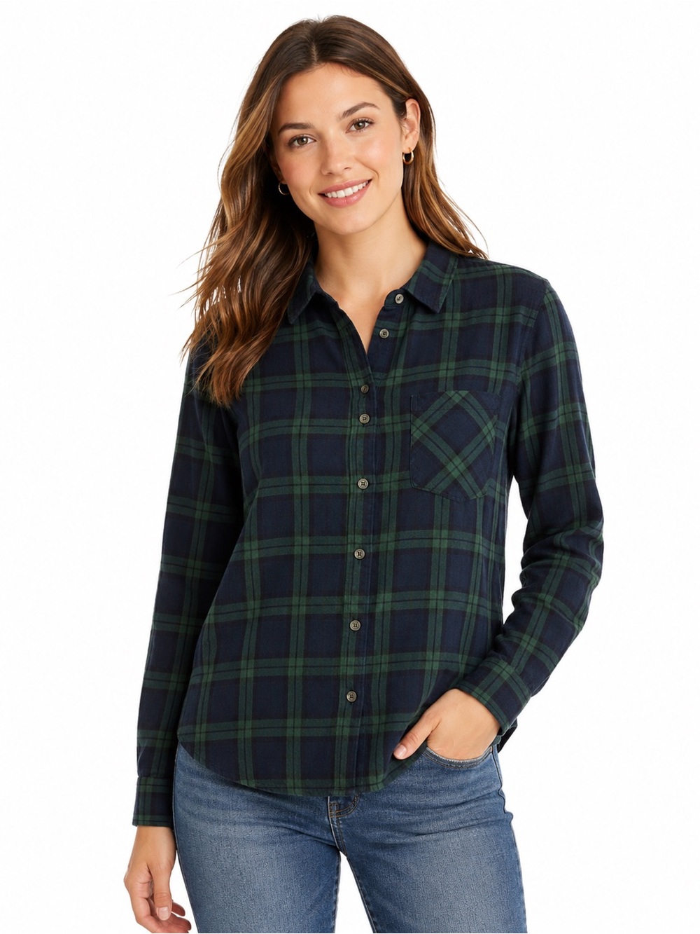 Plaid Button-Up Shirt in Navy and Forest Green - 0834